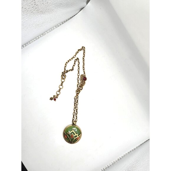 Lucky Brand Boho Pendant Necklace Enamel Art Deco Style Green Coral 19" Chain - Picture 3 of 6